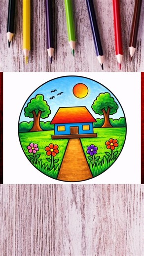🔥😍Beautiful Circle Scenery Drawing With Colours | Easy Circle Scenery Drawing #shorts#drawing#circle