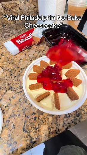 TikTok made me try the viral Philadelphia no-bake cheesecake and I get the hype 😮🍒🍪 Would you try this or skip it? #ViralCheesecake #NoBakeCheesecake #TikTokFood #EasyDessert #PhiladelphiaCreamCheese