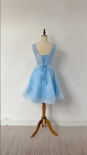 Robe De Cocktail Bal Chic Courte Bleu Clair Dentelle Strass Col V