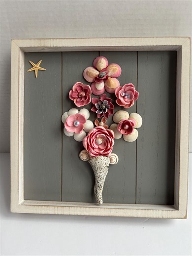 Handcrafted Seashell Flower Bouquet Wall Art-- Pink & Cream Shell Flowers in Shadow Box Frame - Etsy