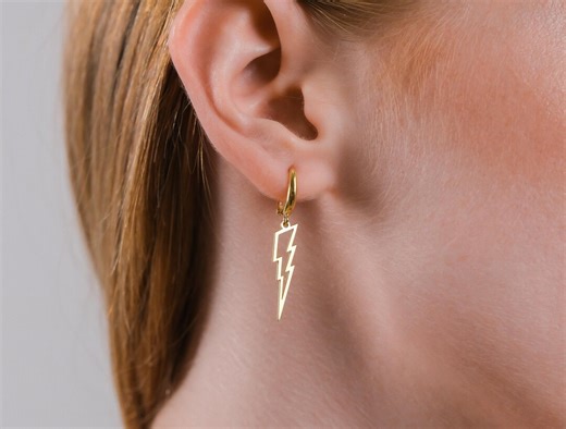 Gold Lightning Bolt Hoop Earrings, Minimalist Dangle Charm, Statement Jewelry, Gift for Women, Lightning Bolt Earrings - Etsy