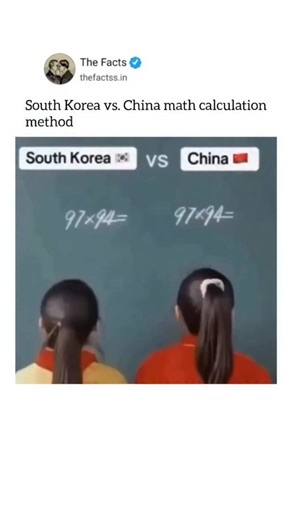 The Facts on Instagram: "South Korea and China both place heavy emphasis on mathematics, but their calculation methods often differ in approach and teaching style. In South Korea, students are trained to use systematic step-by-step methods that focus on logic, accuracy, and problem-solving speed. Korean math education leans on structured repetition and drilling, which helps students master foundational concepts and apply them quickly to complex problems. This method is designed to sharpen mental