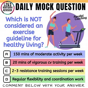 Which is NOT considered an exercise guideline for healthy living❓ A. 150 mins of moderate activity per week B. 20 mins of vigorous cv training per week C. 2-3 resistance training sessions per week D. Regular flexibility and coordination work Drop your comment below 👇 You can join our inner circle and download tons of FREE MOCK Questions here >>> https://join.parallelcoaching.co.uk/fitness-exam-mock-questions Pass your exam with confidence using our Revision Bootcamps >>> https://courses.paralle