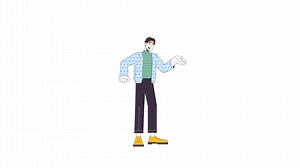 Asian man talking and gesturing line 2D character animation. Interesting conversation flat color cartoon 4K video, alpha channel. Positive male speaker animated person on white background