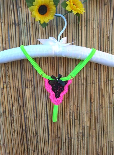 Neon Pink Lace Micro String Thong – Sexy Neon Green Strap with Satin Bow & Rhinestone - Etsy 日本