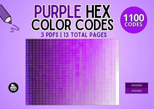 1100 Hex Codes: Purple Shades Chart for Branding, Web and Graphic Design | Printable Palette Samples, Color Swatch for Artists & Students - Etsy