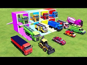 Transporting Bulldozer, Excavator, Dump Truck, Cement Mixer & Police Truck to the Garage – FS22