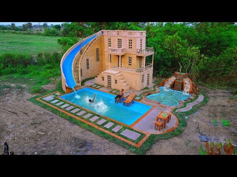 Build Most Creative Water Slide With Underground Swimming Pool & Villa Aquarium Artificial Waterfall