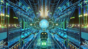 A detailed technology tunnel with flickering lights, reflective walls and moving sci fi mechanics on a seamless loop