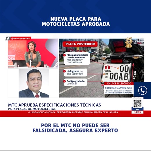 🔴🔵#ExitosaTeEscucha 🎤 | En diálogo con Exitosa, el director general de la Dirección de Autorizaciones en Transportes, Eisen Iparraguirre Alan, explicó que la nueva placa para motocicletas, validada por el MTC, cuenta con un holograma de alta seguridad para evitar que sean falsificadas. 📻 95.5 FM 📡 6.1 señal digital abierta 📺 Movistar: 34 SD - 734 HD 🌐 http://exitosanoticias.pe | Exitosa Noticias