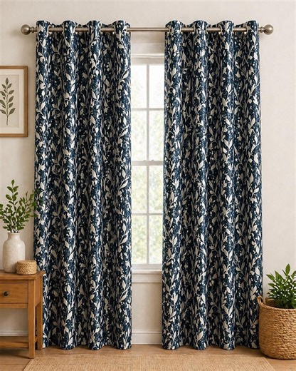 Navy Blue Botanical Curtains, Floral Print Drapes, Farmhouse Window Panels, Room Darkening Curtains, Elegant Living Room & Bedroom Decor - Etsy
