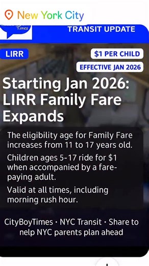 NYC parents, plan ahead—starting January 2026 the LIRR Family Fare expands: kids 5–17 ride for $1 with a fare-paying adult, valid all day (even rush hour). Save this and share to help a parent today. #CityBoyTimes Hashtags: #nyc #newyorkcity #longisland #lirr #mta #nyctransit #nycparents #nycmoms #nycdads #familytravel #commuterlife #publictransit #savemoney #nycdeals #cityboytimes #cityboytimesdaily #queens #brooklyn #bronx #manhattan | Gomez V Omar