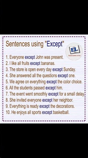 Meaning of "except" with Example sentences | English Vocabulary #englishtutorial #languageskills