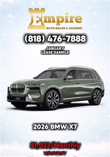 Full-size luxury with uncompromising comfort and presence. Lease the 2026 BMW X7 for $1,022/month (w/ loyalty). 📞 Empire Auto Sales & Leasing | (818) 476-7888 ⏳ Available through the end of the month only. . . . https://empireautoglendale.com/autopromo/ Use link in BIO to view link! . . . #NewRide #CarSales #DreamCar #AutoDeals #GetBehindTheWheel