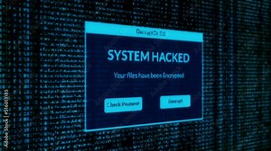 System Hacked Notification and check payment for decrypt system files concept with binary code background