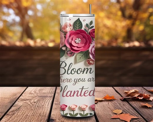 Floral Tumbler Wrap PNG, Paper Flowers, Butterflies (Digital Download)