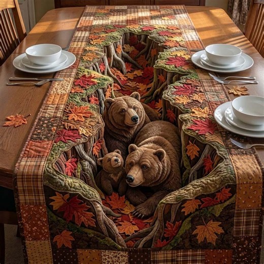 3D Bear Table Runner, Fall Woodland Table Runner, Autumn Leaves Decor, Rustic Cabin Table Decor, Bear Family Kitchen Runner Gift - Etsy