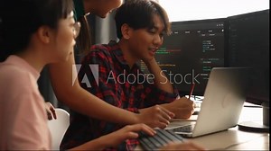 Slow motion back end software developer engineer for computer programming working together on debugging writing computing code, solving complex algorithms display on monitor in office. Burgeoning