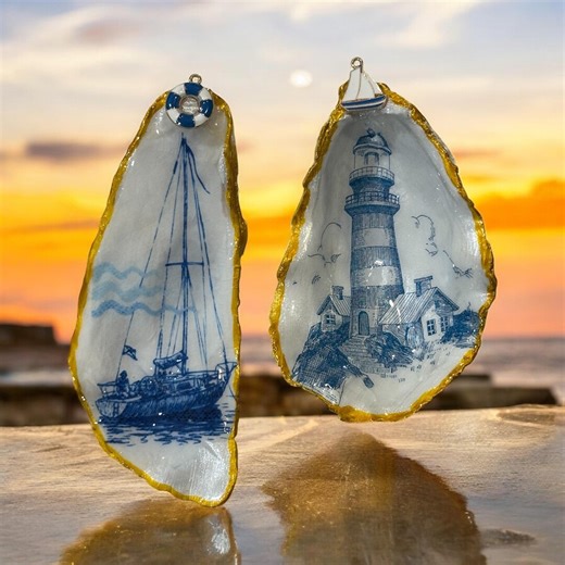 Lighthouse or Sailboat Oyster Shell Ornament, Coastal Décor, Handcrafted Beach House Ocean Inspired Decoration - Etsy