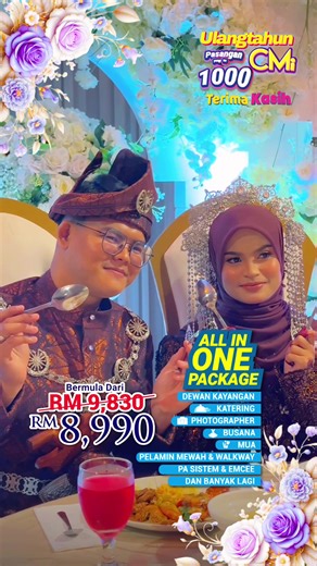 💍 Pakej Kahwin Lengkap, Mewah & Berbaloi! Kini hanya RM8,990 sahaja! 🤩 Dapat semuanya dalam satu harga! 🏵️ Pelamin & dekorasi 🍛 Buffet & catering crew 👗 Busana pengantin 🎤 PA system 📸 Photographer 🥻 Dressing room 🍲 1 Set Makan Beradab VIP 📍 CMi Platinum Hall — dewan mewah dengan view bandar Kuantan & walkway garden yang eksklusif 🌸 📞 Hubungi kami: En Zul – 016-245 6478 En Idham – 012-318 6478 ✨ Murah tak semestinya biasa, sebab di CMi, semua nampak luar biasa!