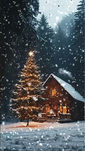 Christmas Cabin Surrounded by Falling Snow and Warm Lights #cozy #festive #relax