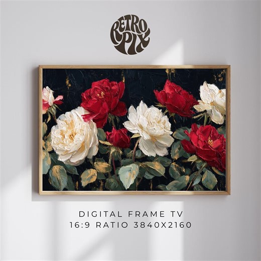 Red White Rose Frame TV Art, Luxury Floral Painting, Black Gold Elegant Digital Display