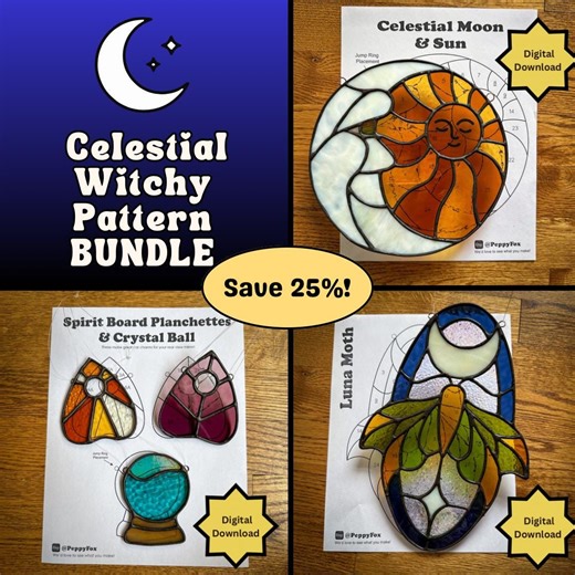 Stained Glass Pattern Bundle - DIGITAL FILE (pdf Png) - Celestial Witchy Luna Moth Sun Moon Crystal Ball - Beginner/easy Suncatcher Template - Etsy
