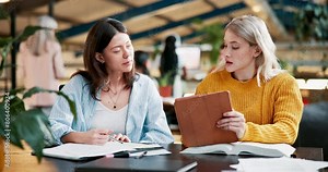 Cafe, education and students with tablet, writing or books for research, planning or college assignment with teamwork. University, friends and girl with digital checklist app or elearning project