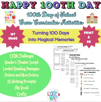 1st Grade 100th Day Activities Pack | Reading, Writing, Script, STEM, and More