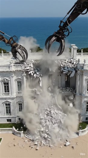Watch this massive ultra-luxury mansion in the USA get completely demolished in stunning 4K resolution. A towering construction crane equipped with an oversized heavy steel wrecking ball delivers powerful impacts to the roof, pillars, terraces, and glass façade. Filmed in a fixed top-down aerial view, this cinematic demolition showcases ultra-realistic structural failure, progressive collapse physics, flying debris, and dense dust clouds. If you enjoy satisfying demolition videos, luxury mansion