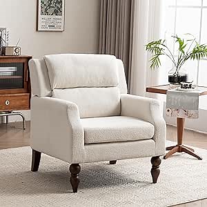 Kidol & Shellder White Oversized Accent Chair for Living Room Mid Century Modern Reading Chair with Back Wide Upholstered Comfy Single Sofa Chair for Bedroom Lounge Side Corner Chair Fabric Armchair