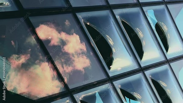 Cloud reflections on modern glass windows, architectural exterior of a building, abstract composition with smooth curved surfaces, blue sky and soft clouds, contemporary design