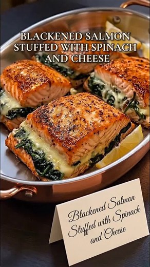 Blackened Salmon Stuffed with Spinach and Cheese 🐟🥬🧀✨ Ingredients Salmon: 4 fresh salmon fillets, sliced horizontally to create a pocket Seasoning: Blackened seasoning mix (paprika, garlic powder, onion powder, cayenne, oregano, salt, and black pepper) Stuffing:Softened cream cheese, shredded mozzarella, grated Parmesan, and sautéed fresh spinach Cooking: Olive oil and butter for searing Finish: Fresh lemon wedges Instructions 1. Make the Filling: Mix softened cream cheese, mozzarella, Parmes