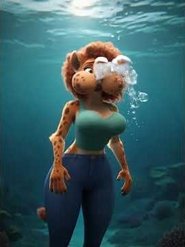 Cute Hyena Girl Swimming Underwater: Puffed Cheeks Breath Hold #aianimation #animation #aivideo