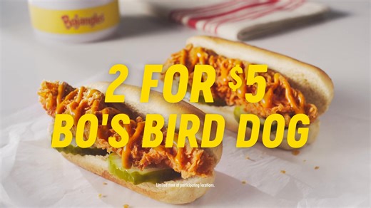 Get a Bo’s Chicken Tender and thick cut pickles drizzled with Bo’s Carolina Gold BBQ Sauce—all in a warm toasted potato bun. Order 2 Bo’s Bird Dogs for $5. | Bojangles