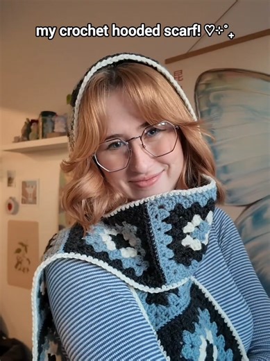 lets make a crochet hooded scarf! ♡⊹˚₊ i love this idea as a winter project! and it is cooold here, so i will be getting some good use out of this scarf! 😌❄️ tbh this is a pretty easy project too! you just have to know how to crochet a granny square! :) I used a youtube tutorial for this by Käthe (@kaethe_maria is her channel and @käthe on tiktok)! thanks for such a cutie design and tutorial!! what colors would you make one in?! 🤍🤍 . . . #crochetinspo #crochet #crochetaccessories #winterfashi