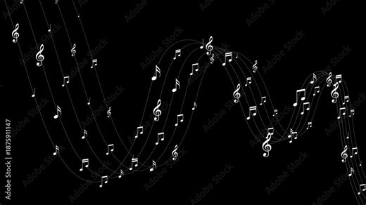 musical notes flying on cords alpha channel animation, curve trail white notas music and song isolated overlay social media motion design element