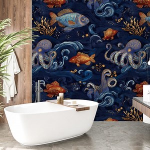 Ocean Fish & Octopus Wallpaper, Blaues Meer Unterwasser Wasser Wandbild - Etsy.de