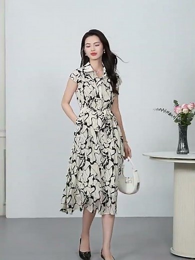Abito Camicia Longuette Elegante in Seta con Cintura e Maniche Corte