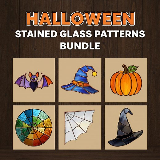 Halloween Stained Glass Pattern Bundle - 6 Spooky Designs PDF PNG JPEG - Suncatcher Templates Download - Etsy