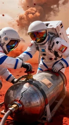 Mars colony rescue, storm of red dust and oxygen tank emergency, saving.