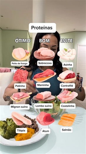 Erica Santos on Instagram: "Proteínas magras como patinho, tilápia, filé de frango e mignon suíno são aliadas na dieta de emagrecimento por serem fontes de proteína magra, contendo um baixo teor de gordura, ajudando na perda de peso sem comprometer a massa muscular. Já cortes mais gordurosos como a picanha e até mesmo o salmão, apesar de nutritivos, possuem um teor elevado de gordura e calorias, o que pode dificultar o déficit calórico necessário para o emagrecimento. Quando consumidos em excess