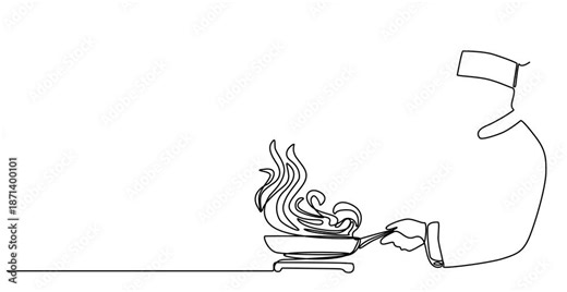 Animated continuous single line drawing of chef in kitchen preparing meal, Self-drawing of a chef preparing a dish with one line restaurant cooking delicious food in 4K.Animation of an image drawning