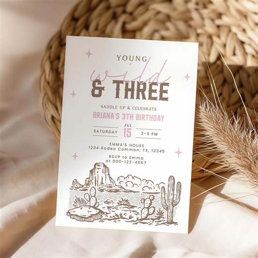 Young Wild and Three Invitation Girl 3rd Birthday Cowgirl Western Editable Template