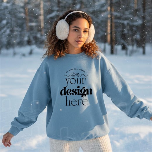 Light Blue Sweatshirt Mockup | Cozy Winter Snow Aesthetic Gildan 18000 Mockup | Printify Outdoor Model | Blue G1800 PNG | Winter Holiday POD - Etsy