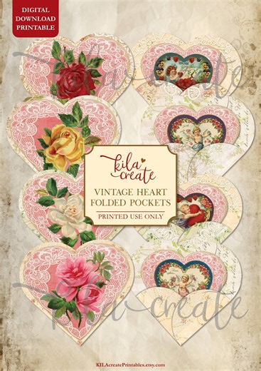 Vintage Heart Folded Pockets, Valentine's Day Card, Vintage Valentine, Cupid, Hearts, Digital Download, Printable Journal Kit, KILA Create - Etsy