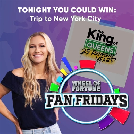 A trip to New York City in honor of The King of Queens' 25th anniversary? Sounds like a package deal 📦 Enter tonight’s #FanFridays Giveaway 🗽 wheeloffortune.com/win/fan-friday #KOQ25frigginyears | Wheel of Fortune