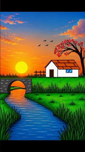 Easy MS Paint Sunset Scenery Drawing ✨ #Shorts