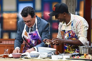 “No Passport Required” chef/host Marcus Samuelsson takes fried chicken and adds a summer twist. Or, rather, a summer insect. Watch the new show Tuesdays on PBS and stream anytime at Eater: eater.com/2018/7/10/17540066/marcus-samuelsson-no-passport-required-detroit-dearborn-pbs | The Late Show with Stephen Colbert