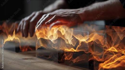 Hands of a person manipulate transparent panels, creating dynamic visual waves of light and color, showcasing the fluidity of movement and interaction with the elements in a creative display